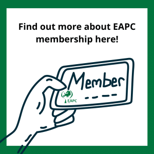 A line drawing of a hand holding a membership card and text Find out more about EAPC membership here